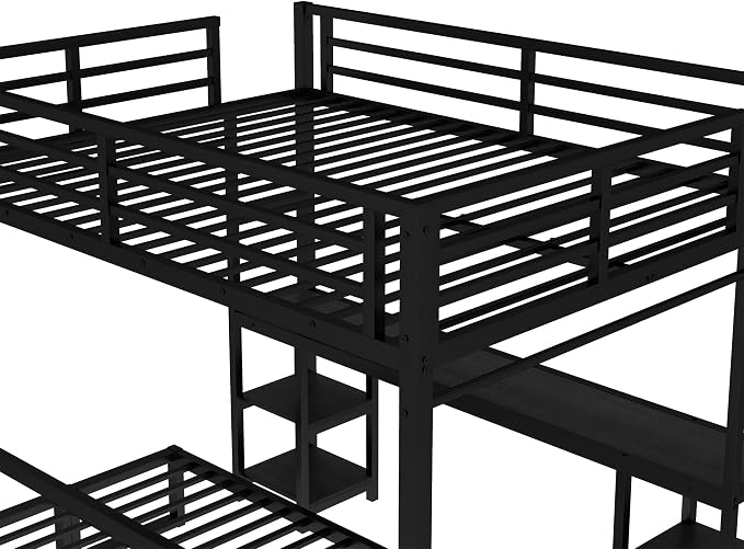 Bellemave Futon bunk Bed Twin XL Over Queen, Queen loft Bed with futon and Desk and Shelves, LED, USB, Black