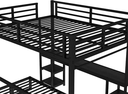 Bellemave Futon bunk Bed Twin XL Over Queen, Queen loft Bed with futon and Desk and Shelves, LED, USB, Black
