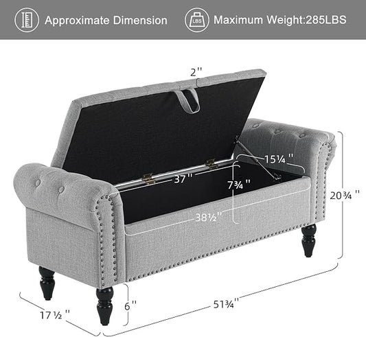 Furniliving 51.75" Storage Ottoman Bench for Living Room, Modern Bedroom Benches with Rolled Arm Upholstered End of Bed Bench Shoe Storage Indoor Bench with Wood Legs Entryway Bench, Grey, Linen