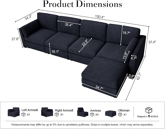 Oversized Modular Sectional Sofa L-Shaped Cloud Couches Blue | 150'' Deep Seat Couch for Living Room, 5-Seater Luxury Corner sofa with Ottoman, Solid Wood Frame, Removable Washable Cover