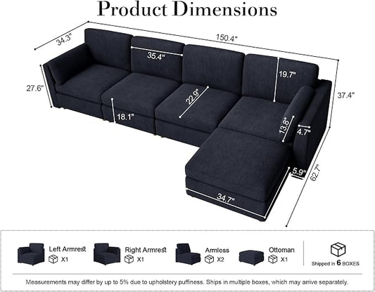 Oversized Modular Sectional Sofa L-Shaped Cloud Couches Blue | 150'' Deep Seat Couch for Living Room, 5-Seater Luxury Corner sofa with Ottoman, Solid Wood Frame, Removable Washable Cover