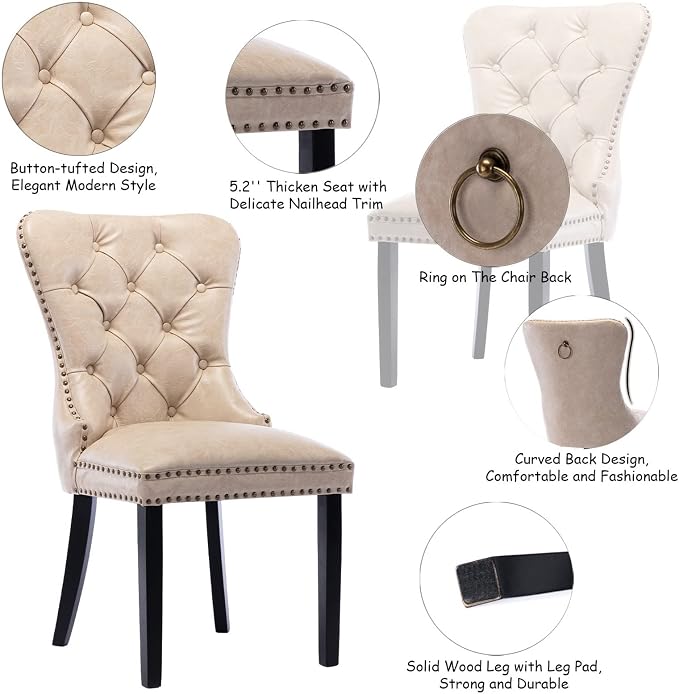 CIMOTA Beige Leather Dining Chairs Set of 6 Mid Century Modern Dining Room Chairs Tufted Upholstered Kitchen Dining Chairs Comfortable Side Chairs with Nailhead Trim/Ring Back (PU /6PCS)