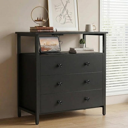 Edbuosy 3 Wooden Drawers Night Stand, 27 Inch Wide Nightstand with Charging Station and Adjustable Drawers, Small Dresser for Closet, Bedside Table for Living Room/Bedroom/Office, Black