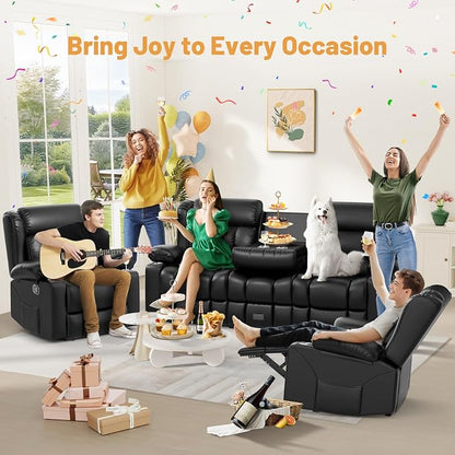Dresegmt Recliner Sofa Set, Flip Middle Backrest Design PU Leather 3 Seater Reclining Sofa and 2PC Single Recliner Chair, Manual Couches for Living Room (Black, PU 3+1+1)