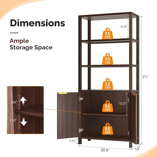 VINGLI Bookcase with Fluted Doors, 71" Wood Storage Cabinet with Adjustable Shelves, 6-Tier Display Cabinet Bookshelf for Study, Living Room, Home Office, Kitchen Pantry, Walnut