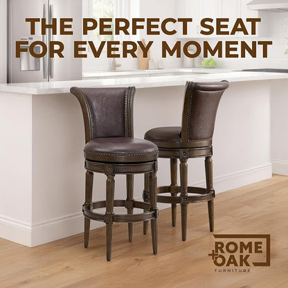 ROME + OAK Set of 2 Runyan 31" Swivel Bar Stool, High Back Barstool in Dark Walnut Finish with Vintage Brown Vegan Leather Seat