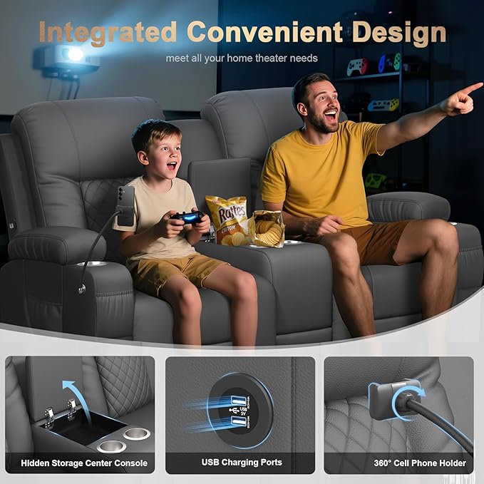 Recliner Sofa Set, Loveseat Recliner Couch and Recliner Chair with Heat & Massage, Home Theater Seating with Console, Drawer, USB Ports & Phone Holders, Reclining Loveseat for Movie Theater