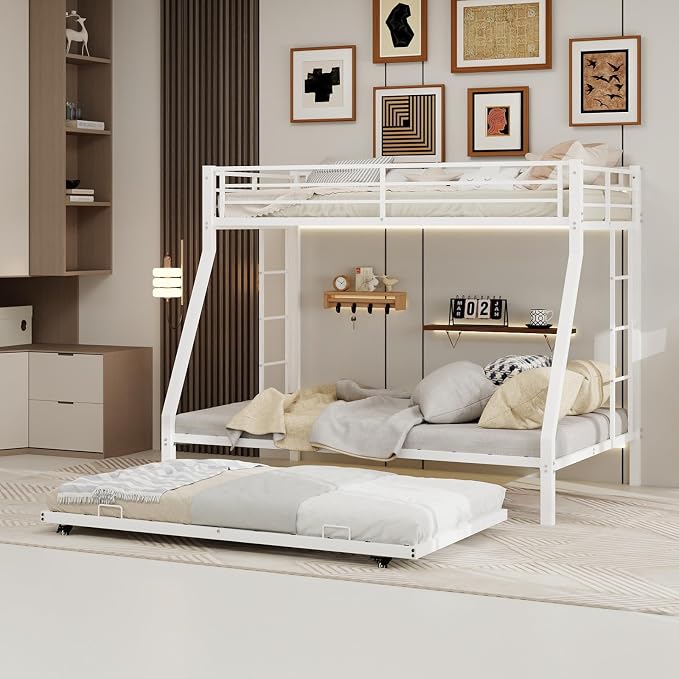 Metal Bunk Bed with Trundle, Space-Saving Bunk Bed Twin Over Full with Ladders and Safety Guardrail, Heavy Duty Twin Bed Frames, No Box Spring Needed and Noise Free(White)