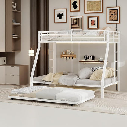 Metal Bunk Bed with Trundle, Space-Saving Bunk Bed Twin Over Full with Ladders and Safety Guardrail, Heavy Duty Twin Bed Frames, No Box Spring Needed and Noise Free(White)