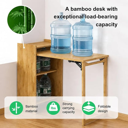 HDDFER Bamboo Folding Desk for Small Spaces,Hidden Desk with Storage Shelf, Foldable Computer Desk for Bedroom Home Office, Mid Century Modern Fold Out Table Writing Table, Natural