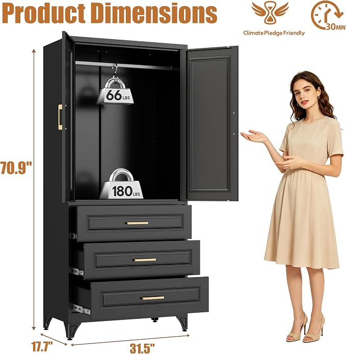 Metal Armoire Wardrobe Closet, 3 Drawers Clothes Storage Cabinet | Metal Wardrobe Cabinet with Doors, Hanging Rod, 71"Tall Black Armoires, Closet for Bedroom, Bathroom, Gym