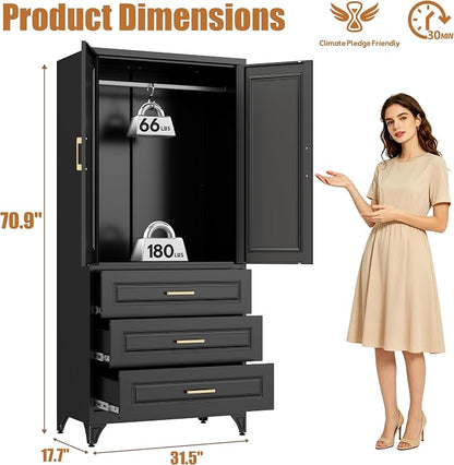 Metal Armoire Wardrobe Closet, 3 Drawers Clothes Storage Cabinet | Metal Wardrobe Cabinet with Doors, Hanging Rod, 71"Tall Black Armoires, Closet for Bedroom, Bathroom, Gym