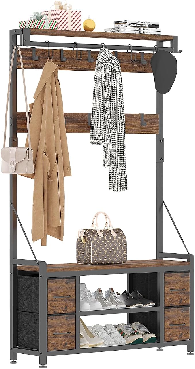 39" Hall Tree with Storage Coat Rack freestanding Entryway Furniture Bench, 5 in 1 Design Front Door Shoe Rack and Wall Rack Hooks, and 4 Drawers (Rustic Brown)