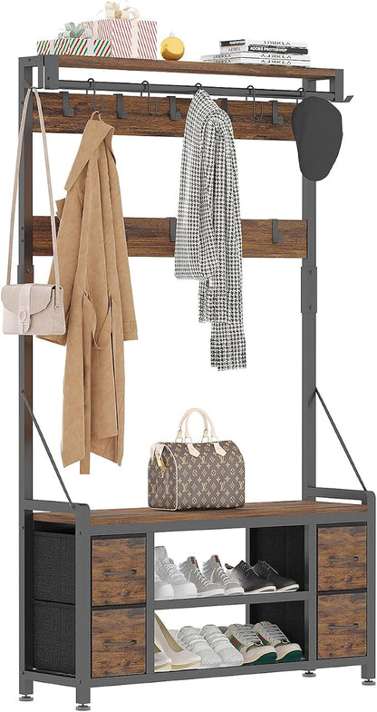 39" Hall Tree with Storage Coat Rack freestanding Entryway Furniture Bench, 5 in 1 Design Front Door Shoe Rack and Wall Rack Hooks, and 4 Drawers (Rustic Brown)
