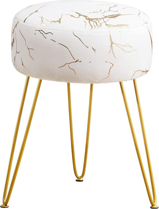 LUE BONA Vanity Stool, Gold Vanity Stools for Makeup Room, Round Ottoman Foot Stool, Velvet Footrest Vanity Chair for Bathroom Vanity, Bedroom, Living Room, Entryway, Offices, 300lbs