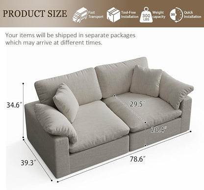 Modular Sectional Sofa Cloud Couch,78.6" Down Filled Comfy Cloud Modern Sofa,2 Seater with Light Beige Linen Couch Cushion Covers Removable Furniture for Living Room
