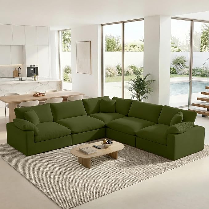 211.6" Cloud Modular Sectional Sofa,Green Down Filled Sofa 5 Seat,Minimalist Sofa Cover Washable and Replaceable Couches for Living Room,Sectional Sofa Deep Seat