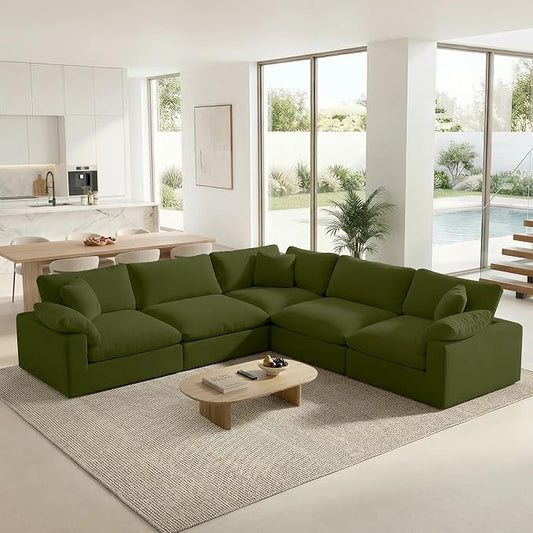 211.6" Cloud Modular Sectional Sofa,Green Down Filled Sofa 5 Seat,Minimalist Sofa Cover Washable and Replaceable Couches for Living Room,Sectional Sofa Deep Seat