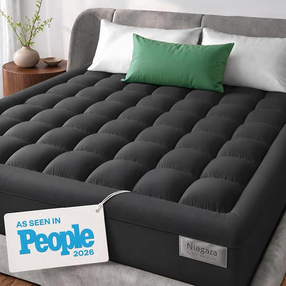 Niagara Sleep Solution Cloud-Like Queen Non-Slip Mattress Topper - 100% Cotton Top Mattress Pad for Back Pain Relief - Extra-Grip, Breathable & Naturally Cooling for Hot Sleepers, Dark Gray