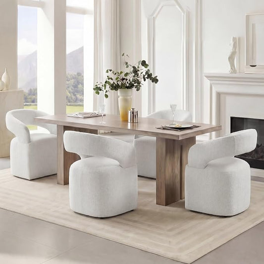 KISLOT Upholstered Dining Chairs Set of 4, Modern Arm Kitchen & Dining Room Chairs with Hidden Casters, Linen Fabric Padded Rolling Chairs, Sturdy Wood Frame, 300 lbs Capacity, Light Linen