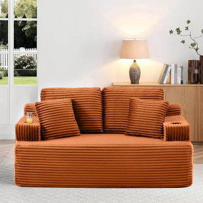 66.5'' Boneless Sofa Couch with Cup Holders & Side Pockets, Modern Corduroy Fabric Upholstered Loveseat Couch with 2 Throw Pillows for Living Room Office, No Assembly (Orange)