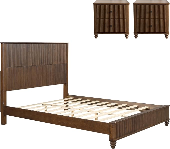 3-Pieces Bedroom Sets, Queen Size Platform Bed with 2 Nightstands, Solid Wood Platform Bed Frame with Tall Headboard and Classic American Turned Legs (Brown-5.25, Queen)