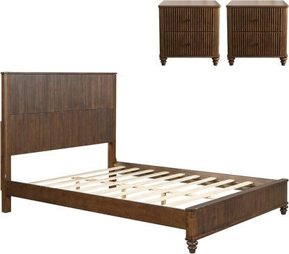 3-Pieces Bedroom Sets, Queen Size Platform Bed with 2 Nightstands, Solid Wood Platform Bed Frame with Tall Headboard and Classic American Turned Legs (Brown-5.25, Queen)