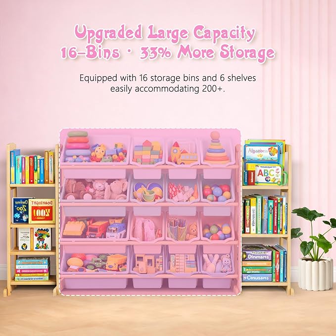 Kids Toy Storage Organizer with Bookshelf – Wooden Shelf with 16 Bins & 6 Shelves, Quick Assembly Storage Rack for Playroom, Bedroom, Nursery – Colorful