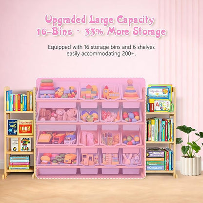 Kids Toy Storage Organizer with Bookshelf – Wooden Shelf with 16 Bins & 6 Shelves, Quick Assembly Storage Rack for Playroom, Bedroom, Nursery – Colorful