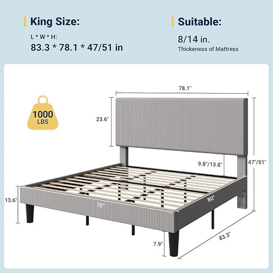 Allewie King Size Upholstered Bed Frame with Vertical Channel Tufted Headboard, Soft Corduroy Fabric Platform Bed, Strong Wooden Slats Support, Easy Assembly, No Box Spring Needed, Light Grey