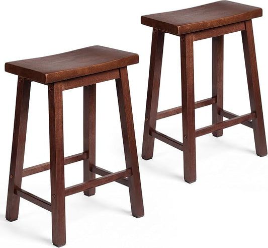 PJ Wood Classic Saddle-Seat 24'' Tall Kitchen Counter Stool for Homes, Dining Spaces, and Bars with Backless Seat, 4 Square Legs, Walnut (2 Pack)