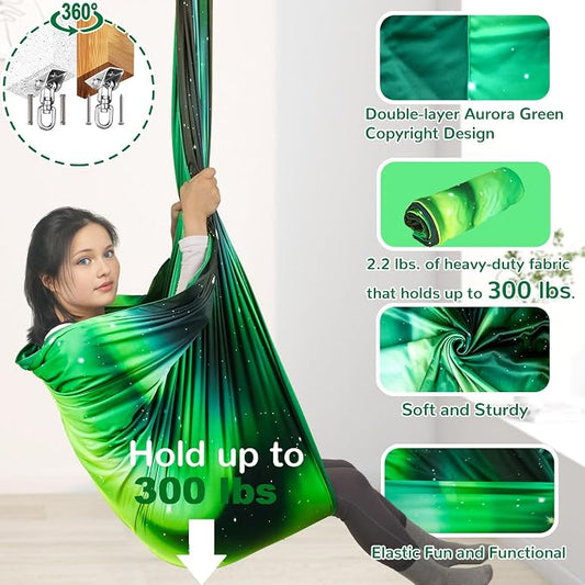 Sensory Swing for Kids Indoor & Outdoor Double Layer Therapy Cuddle Swing with 360° Swivel Hanger Kit Adjustable Swings for Child and Adult with Aspergers Autism (Aurora Green)