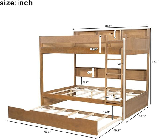Harper & Bright Designs Rustic Wood Bunk Bed with Pull-Out Trundle, Full Over Full Wooden Bunk Bed with Large Cabinet Beside Upper and Down Bed, Wood