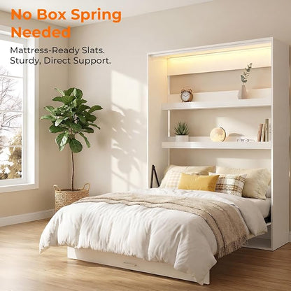 CECER Queen Vertical Murphy Wall Bed，Space Saving for Offices/Guest-White | Durable Gas-Lift for smooth folding，16 Color Controllable LED Lights，Sturdy frame ＆ Easy Assemble，High Gloss Panel
