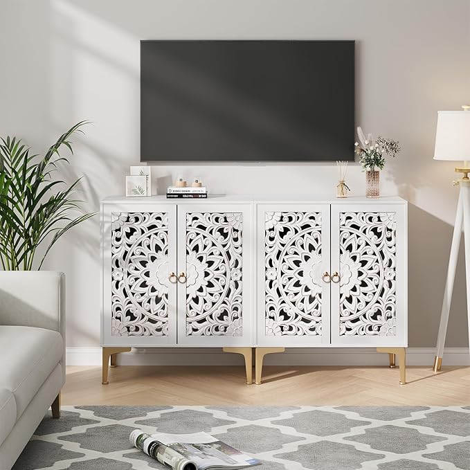JOINICE 31.5" White Accent Cabinet with Carved Doors & Storage, Set of 2 | Carved Floral Design, Boho, Versatile Storage for Living Room & Bedroom & Hallway & TV Stand, Adjustable Shelf, Easy Assembly