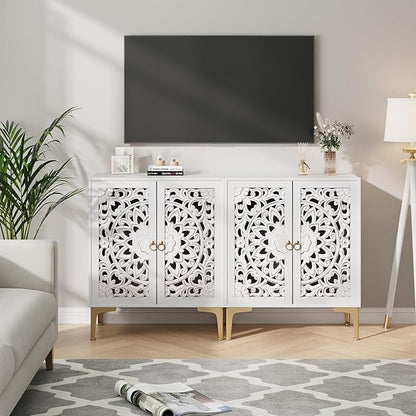 JOINICE 31.5" Accent Storage Cabinet with Carved Doors, White Boho Sideboard for Storage, Coffee Bar Cabinet & Entryway Table with Gold Legs, Decorative Buffet Cabinet for Dining Room, Living Room