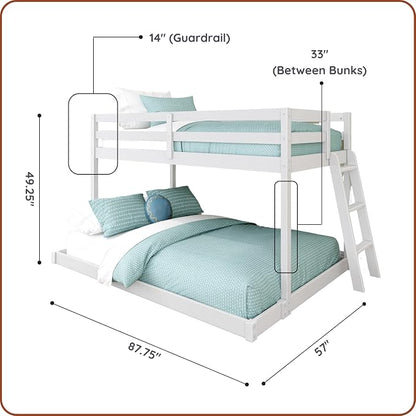 Grain & Grove Bear Twin Over Full Bunk Bed, Low Bunk Bed Frame for Kids, Bunk with Ladder, Guardrail, and Slats, No Box Spring Required, Brushed White
