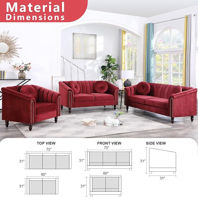 Sectional Sofa Set, Microfiber Chesterfield Upholstered Sofas Loveseat Couch Chair Sets with Style Button Tufted, Scroll Arms and Nailhead for Living Room, Office, Apartment-Red,3PCS