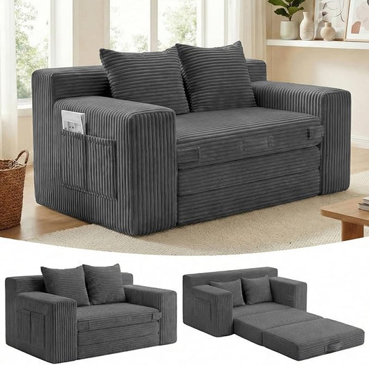 Boneless Couch,Boneless Loveseat Sleeper Sofa Bed – 3-in-1 Convertible Couch Bed with Side Pockets & Handle,Pull Out Corduroy Futon for Small Space,Living Room & Bedroom,2 Pillows Included,No Assembly