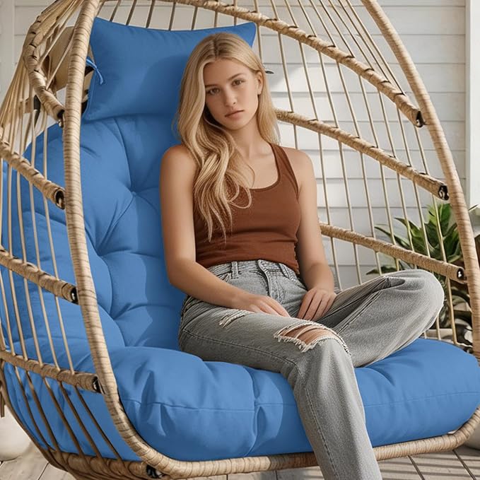 Outdoor Hanging Egg Chair Cushion Replacement, Thicken Egg Chair Cushion Waterproof Basket Eggs Chairs Cushion with Headrest Pillow, U-Shaped Cushions for Hanging Eggs Chairs (Royal Blue)