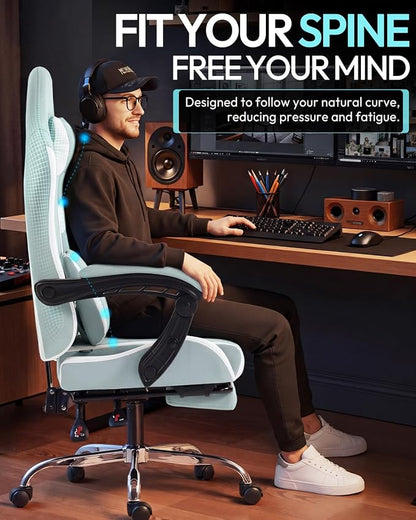 Dowinx Ergonomic Gaming Chair with Footrest & Massage Lumbar, 2D-Linkage Armrests for Computer Chair 330lbs with Headrest Pillow for Office, Home, Streaming and Long Gaming Sessions, Fabric Blue White
