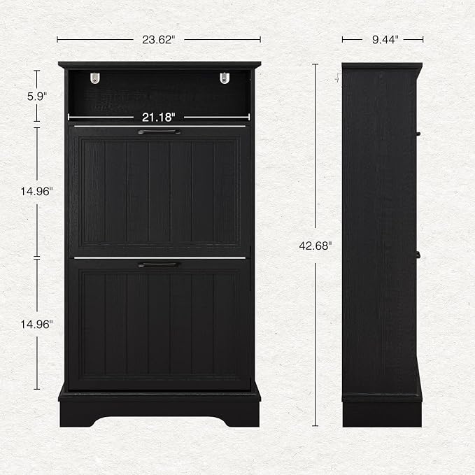 Shoe Storage Cabinet with 2 Flip Drawers, 24" W Farmhouse Modern Hidden Shoes Rack Cabinet with Adjustable Shelves & Open Storage, Narrow Slim Shoe Organizer for Front Door Entrance, Entryway, Black