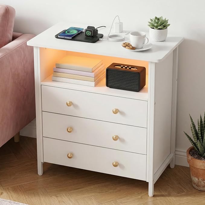 27 Inch LED Nightstand with Charging Station & 3 Drawers, White | Solid Wood and Steel Frame, 2 AC Outlets, 2 USB Ports, RGB App Control, Open Storage, Adjustable Feet, for Bedroom or Office