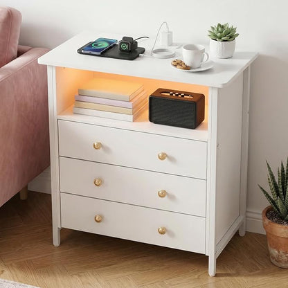 27 Inch LED Nightstand with Charging Station & 3 Drawers, White | Solid Wood and Steel Frame, 2 AC Outlets, 2 USB Ports, RGB App Control, Open Storage, Adjustable Feet, for Bedroom or Office