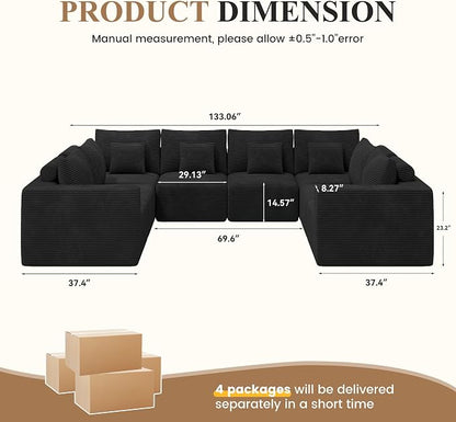 Modern U Shaped Modular Sectional Sofa, Convertible Oversized Cloud Couches for Living Room, Comfy 8 Seater Corduroy Boneless Couch Sofa Set, No Assembly Required, Beige 1 PCS