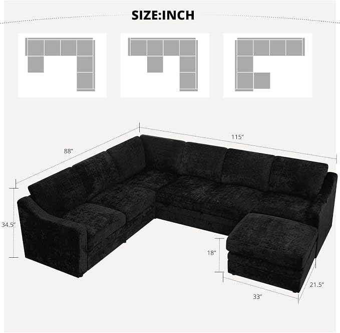 115 Inches Chenille Sectional Sofa with Storage Ottoman, Modern 7 Seats Corner Couch with Deep Seat, Comfy Modular U Shaped Couch with Comfortable Cushions for Living Room, Black