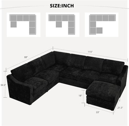 115 Inches Chenille Sectional Sofa with Storage Ottoman, Modern 7 Seats Corner Couch with Deep Seat, Comfy Modular U Shaped Couch with Comfortable Cushions for Living Room, Black