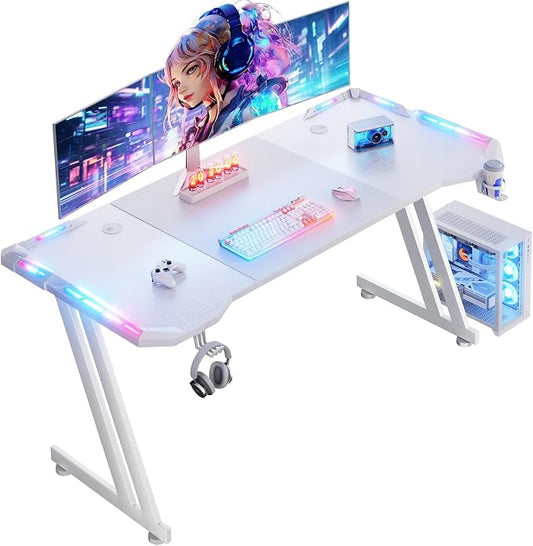 HLDIRECT 63 Inch Gaming Desk with LED Lights Carbon Fibre Surface Gaming Table Large Computer Desk Ergonomic Home Office Desks Z Shaped PC Gamer Workstations with Cup Holder & Headphone Hook White