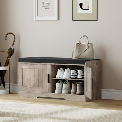 Homleke 2-Tier Storage Bench, Shoe Bench with Thickened Padded Seat Cushion, Entryway Bench with 2 Doors, Adjustable Shelf, 13.8" D x 37.4" W x 18.5" H, for Entryway, Living Room, Bedroom, Greige