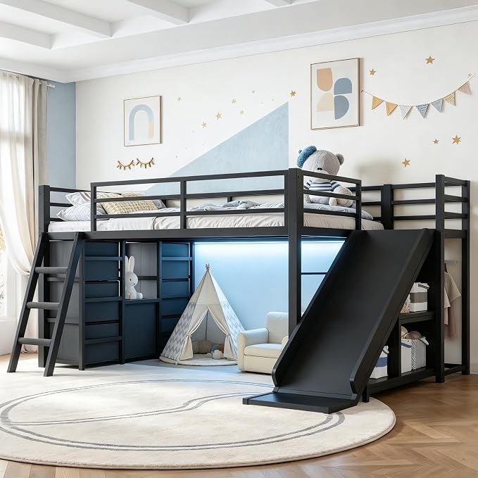 Bellemave Twin Loft Bed with Slide & Ladder, Metal Kids Loft Bed with Storage Drawers & LED Lights, Low Loft Bed Twin Size with Wood Wardrobe & Bookcase, Loft Bed for Kids Teens, Black